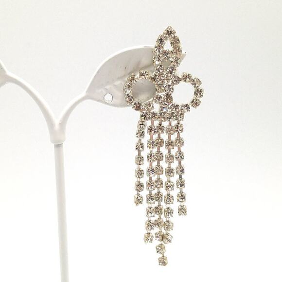 Vintage Rhinestones Dangle Post Earrings, Formal Earrings, Five Tassels, 3 Inch - Picture 3 of 7